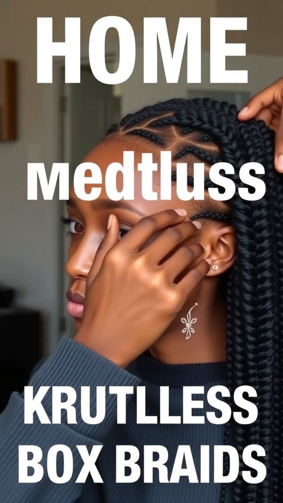 A close-up image of a person getting medium knotless box braids done, showcasing neat braids and a focused expression.