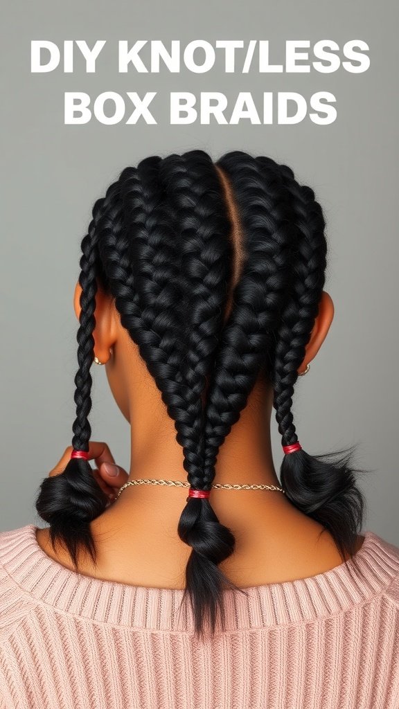 A person showing off DIY knotless box braids, featuring neat braids with red hair ties, highlighting a stylish and protective hairstyle.