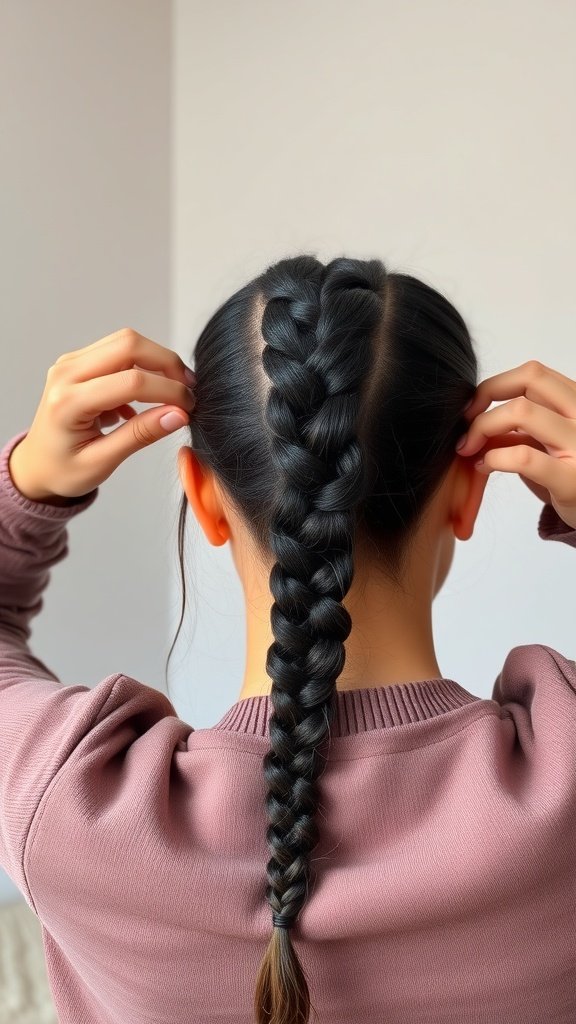 A person preparing to style medium knotless braids, showcasing neat sections and a sleek braid.