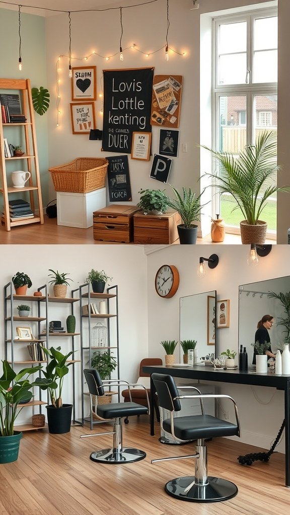 A cozy hair salon with plants and stylish decor, perfect for getting blonde knotless braids.
