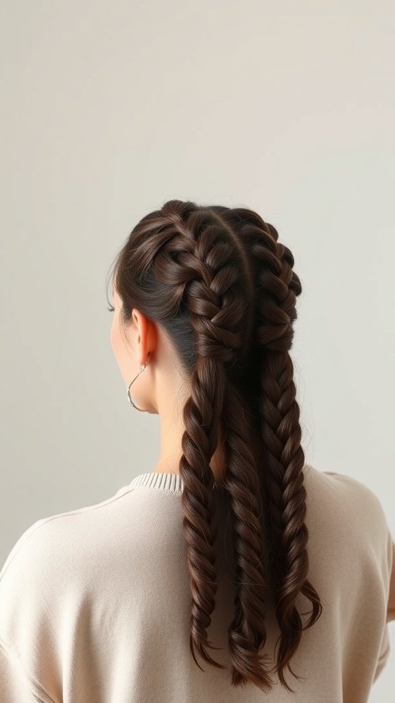 A woman with two large braids transitioning into smaller twists, showcasing a stylish hairstyle.