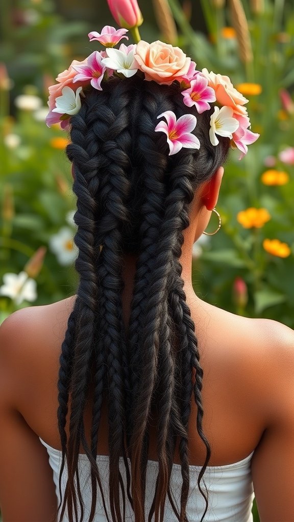 A woman with double braid crown hairstyle adorned with flowers, showcasing knotless box braids.