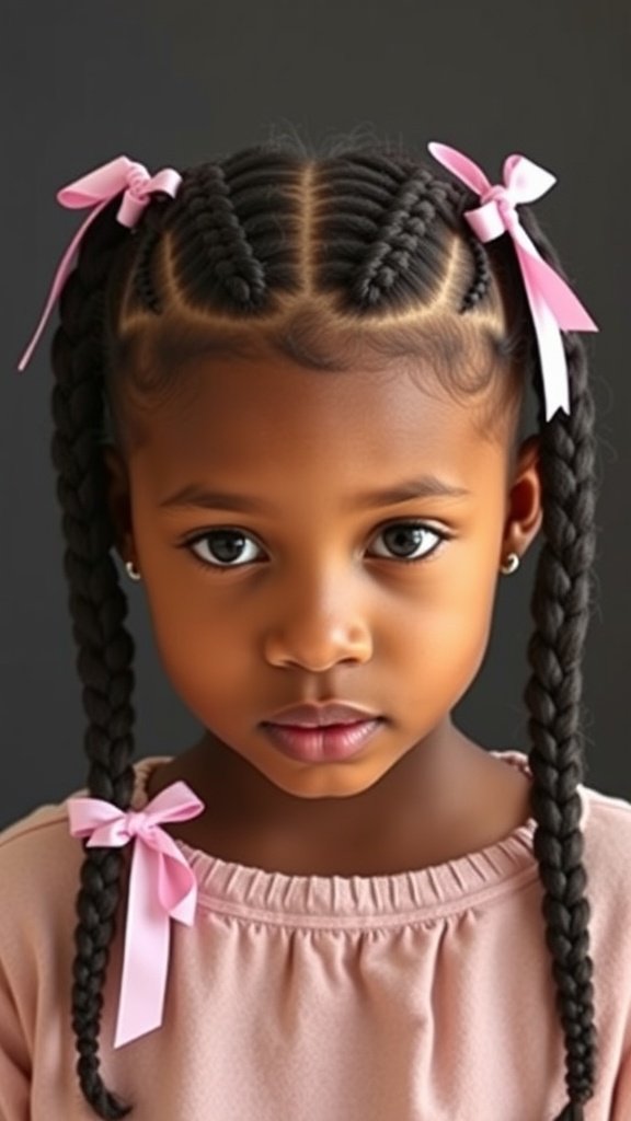 A young girl with double braid pigtails, styled with pink ribbons.