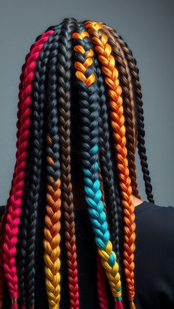 A vibrant display of boho knotless braids featuring a mix of colors including pink, orange, and blue.