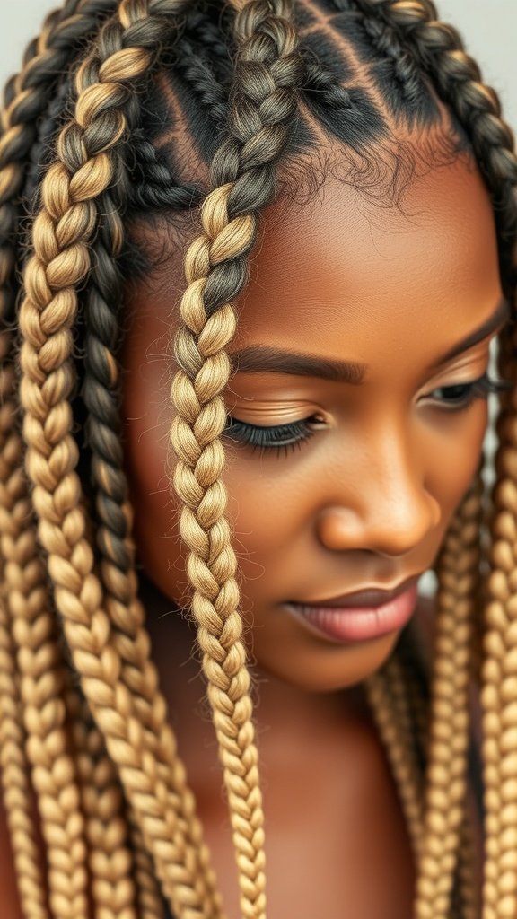 A close-up of a woman with dual-tone knotless braids featuring dark and blonde colors.