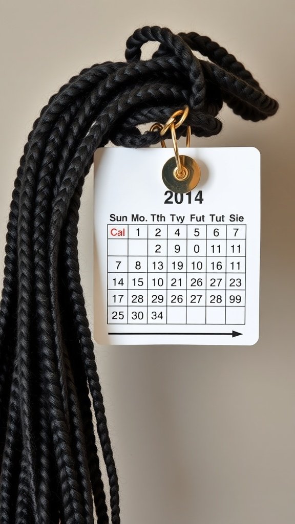 Image of black knotless box braids with a calendar tag