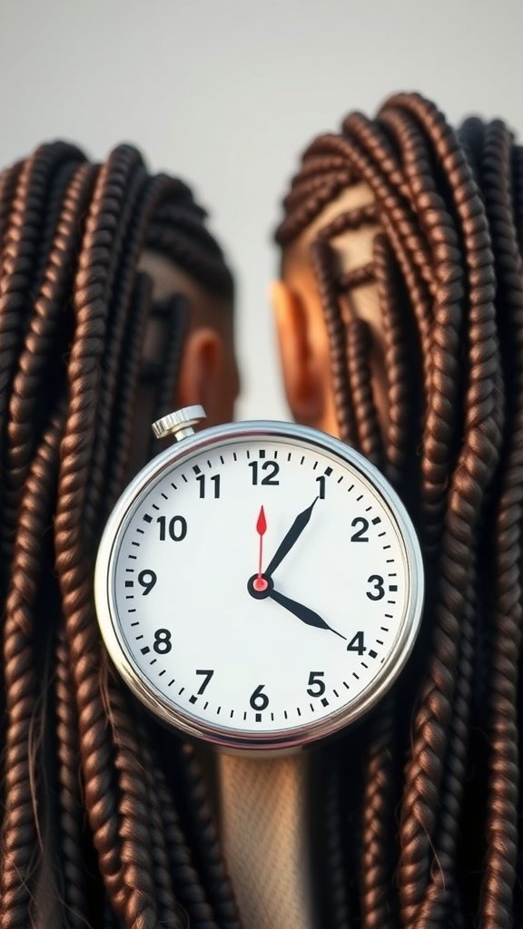 Clock placed among knotless braids, symbolizing the time needed for styling.