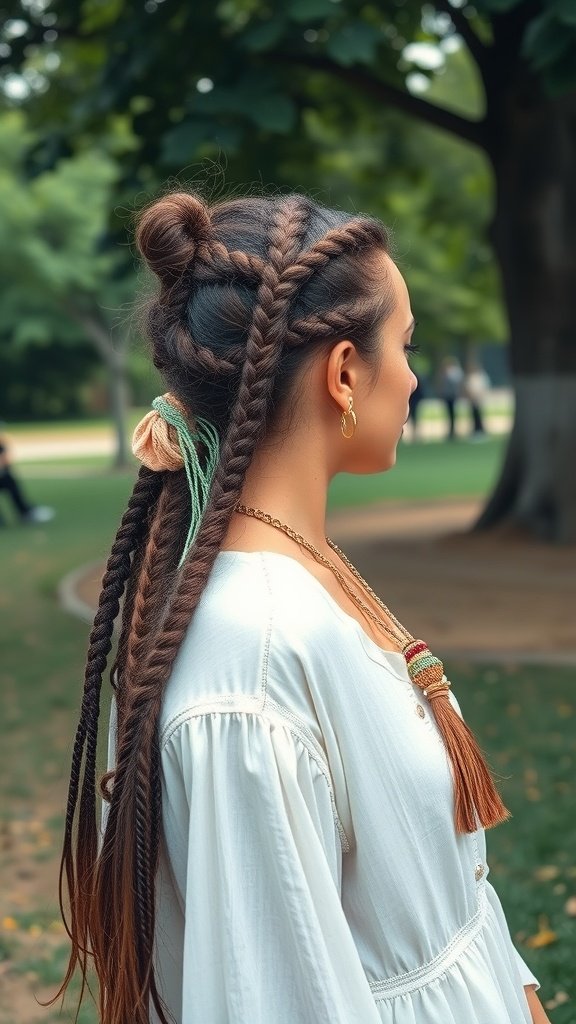 A woman with earthy brown knotless braids styled with colorful accessories in a park.