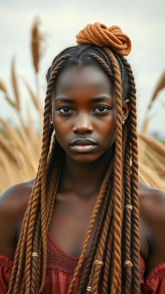 A model with caramel-colored boho knotless braids styled in a bun, surrounded by natural elements.