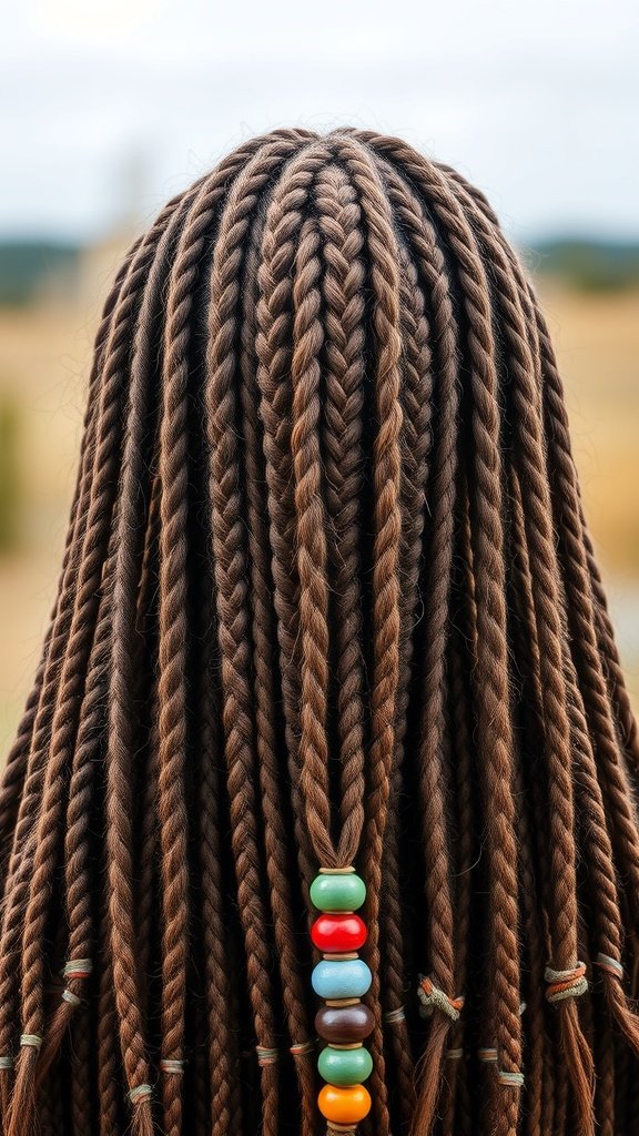 A close-up of boho knotless braids in earthy tones with colorful beads.