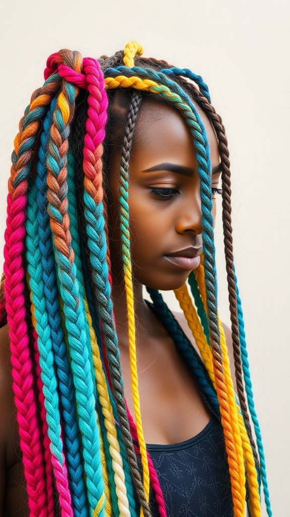 A woman with colorful boho knotless braids, showcasing a mix of vibrant hues.