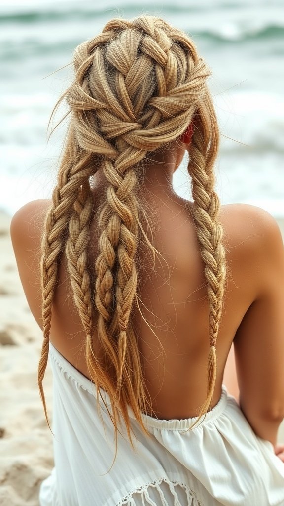 A woman with blonde boho knotless braids styled in beachy waves, sitting by the ocean.