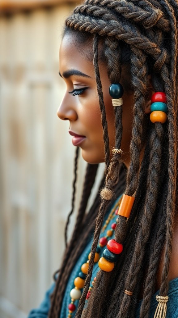 A woman with bohemian knotless braids adorned with colorful beads, showcasing a stylish and carefree look.