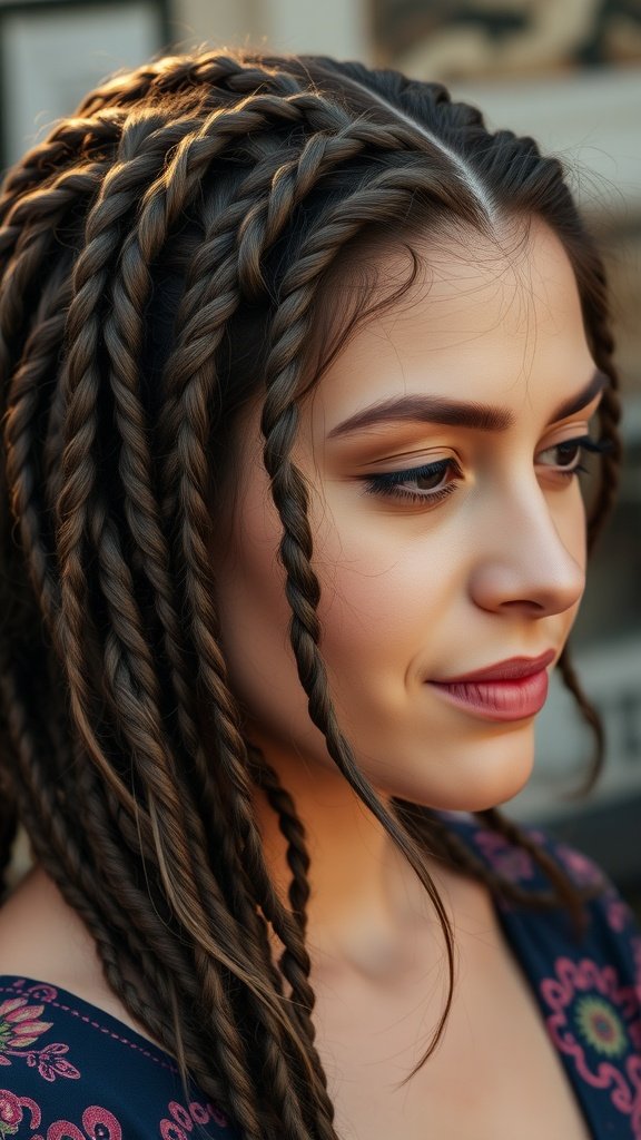 A close-up of a woman with short bohemian knotless braids, showcasing their texture and style.