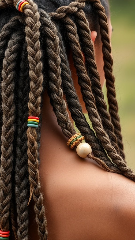 A close-up of large boho knotless braids with colorful accessories, showcasing a relaxed and stylish hairstyle.