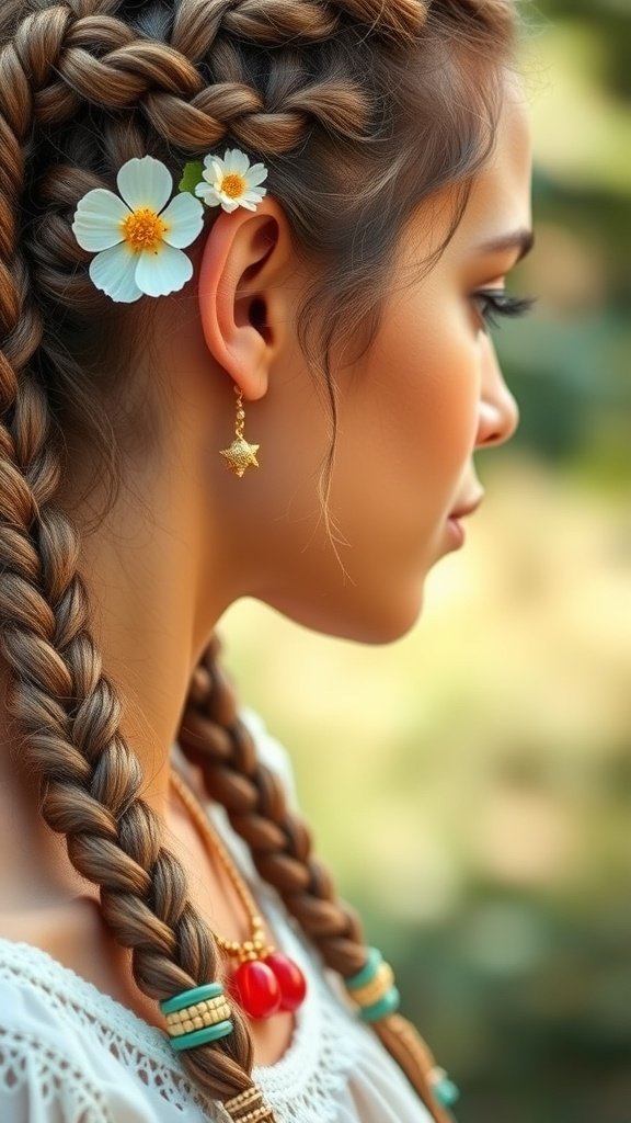 A close-up of a woman with two braided hairstyles adorned with flowers, showcasing a bohemian style.