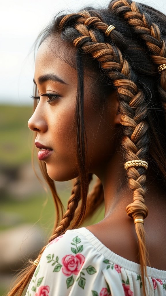 A woman with beautiful boho knotless braids styled with golden accessories, showcasing a relaxed and chic look.