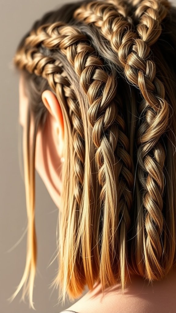 A close-up of a stylish bob hairstyle featuring boho knotless braids, showcasing intricate braiding patterns and blonde highlights.