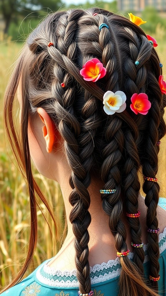 A young woman with intricate boho knotless braids decorated with colorful beads and flowers.