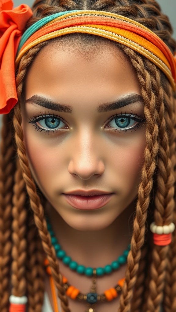A close-up of a person with medium boho knotless braids, wearing a colorful headband and accessories.