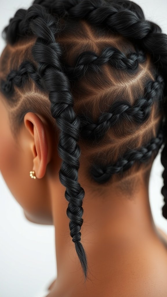 A close-up view of short knotless braids styled with curly ends, showcasing intricate patterns and neat sections.
