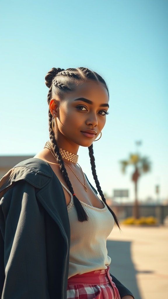 A model with short bohemian knotless braids, showcasing a stylish and casual look.