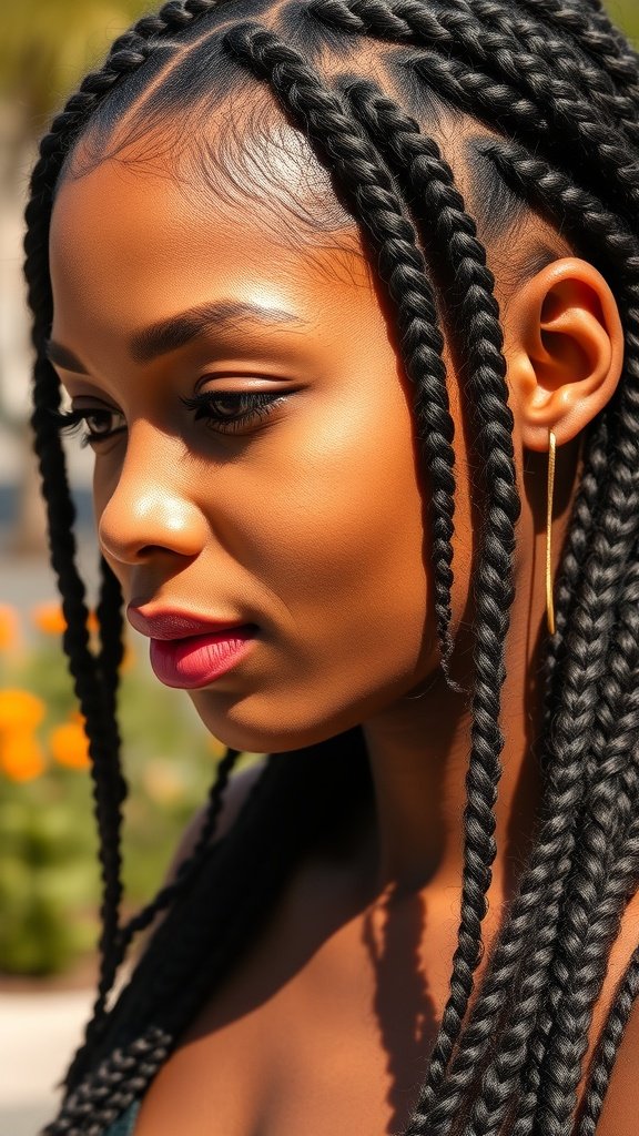 A close-up of a woman with short knotless braids featuring curly ends, showcasing a stylish and elegant look.