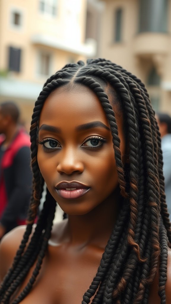 A close-up of a person with knotless braids and curls, showcasing a stylish and elegant hairstyle.