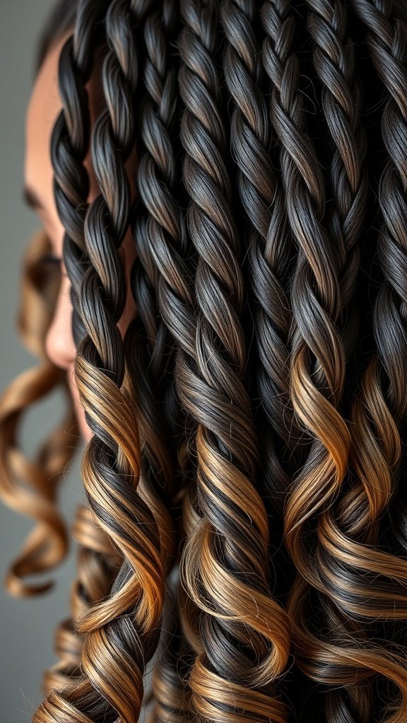 Close-up of knotless braids with curls, showcasing a mix of black and brown hair colors.