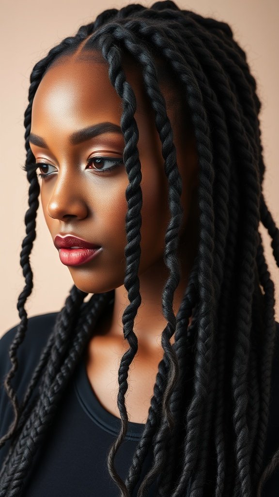 A close-up of a woman with knotless braids featuring curly ends, showcasing a stylish and elegant hairstyle.