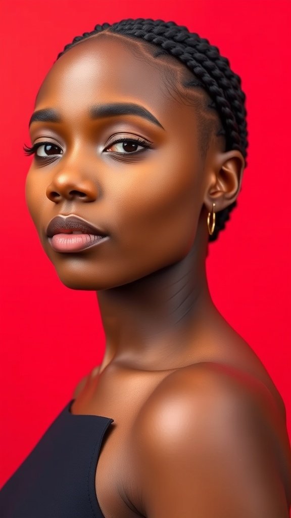 A woman with short knotless box braids against a red background, showcasing a stylish and elegant look.