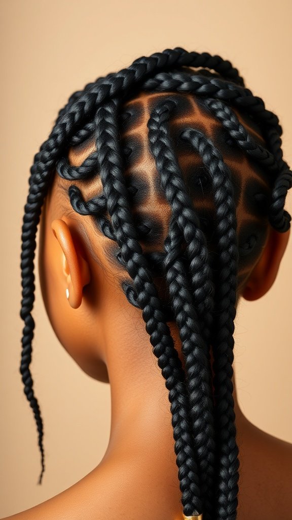 Close-up of a person's head showing small knotless box braids with a neat parting pattern.