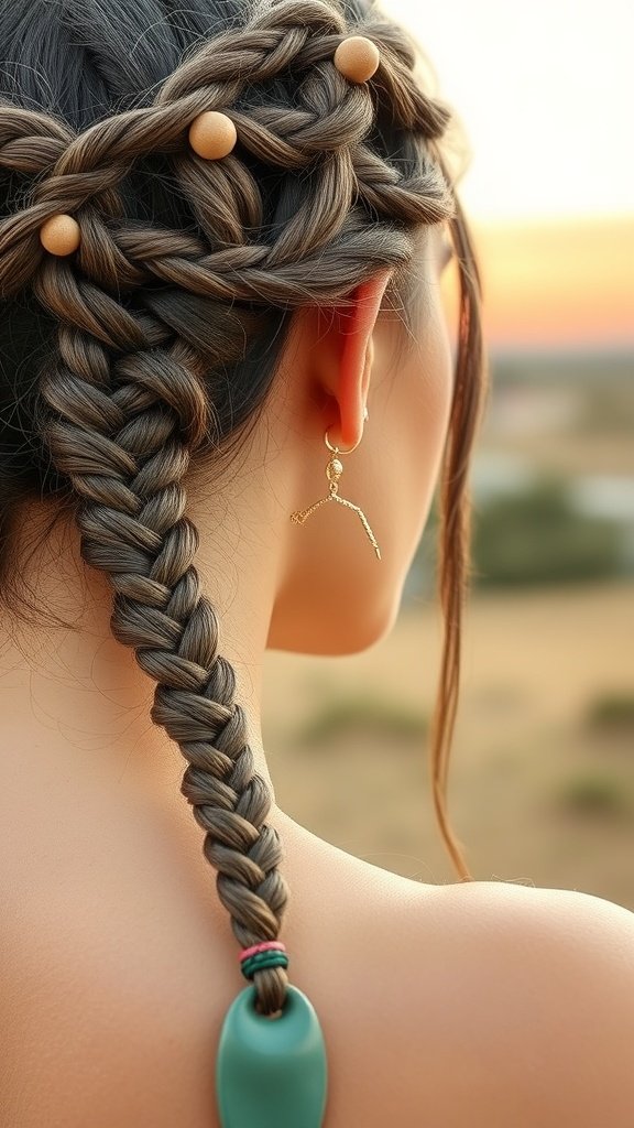 A close-up of a woman's back showing a beautifully braided hairstyle with wooden beads.