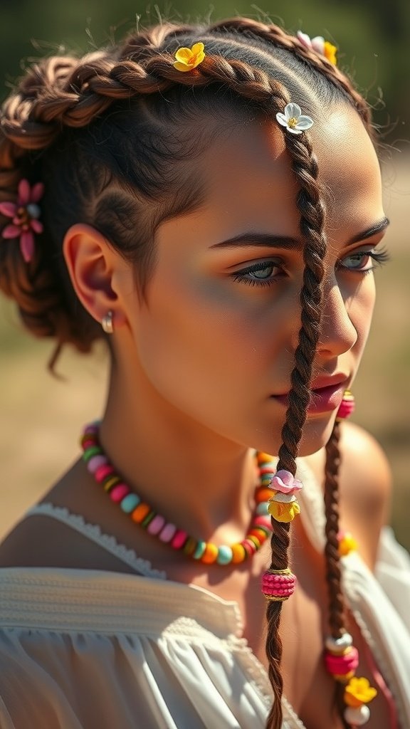 A woman with knotless boho braids adorned with colorful accessories, showcasing a stylish and relaxed look.