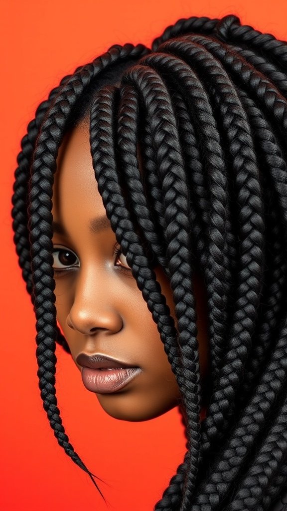 A close-up of a person with knotless twist braids, showcasing the intricate details against a vibrant background.