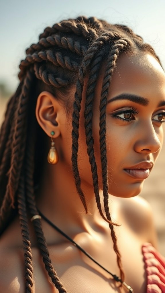 A close-up of a woman with jumbo boho knotless braids, showcasing the intricate style and curls.