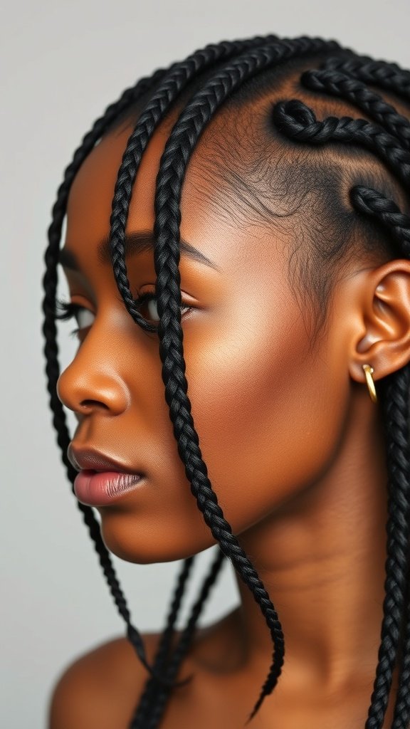 A close-up of a woman with medium knotless box braids, showcasing the neat and stylish hairstyle.
