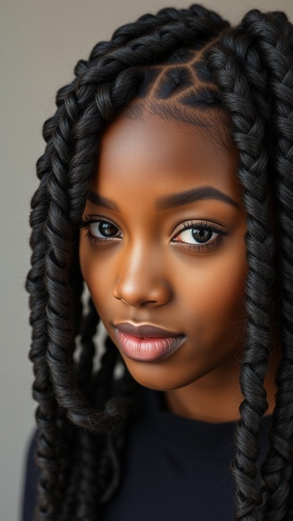 A close-up of a young woman with short knotless braids featuring curly ends, showcasing a stylish and effortless hairstyle.