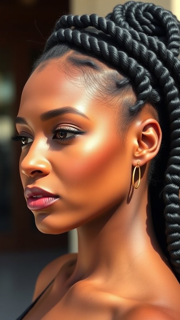 A close-up of a woman with jumbo knotless box braids, showcasing their sleek and stylish appearance.