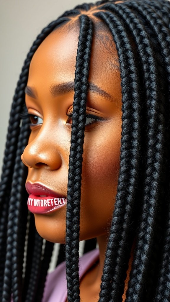 Close-up of a woman with large knotless box braids, showcasing the smooth texture and style.