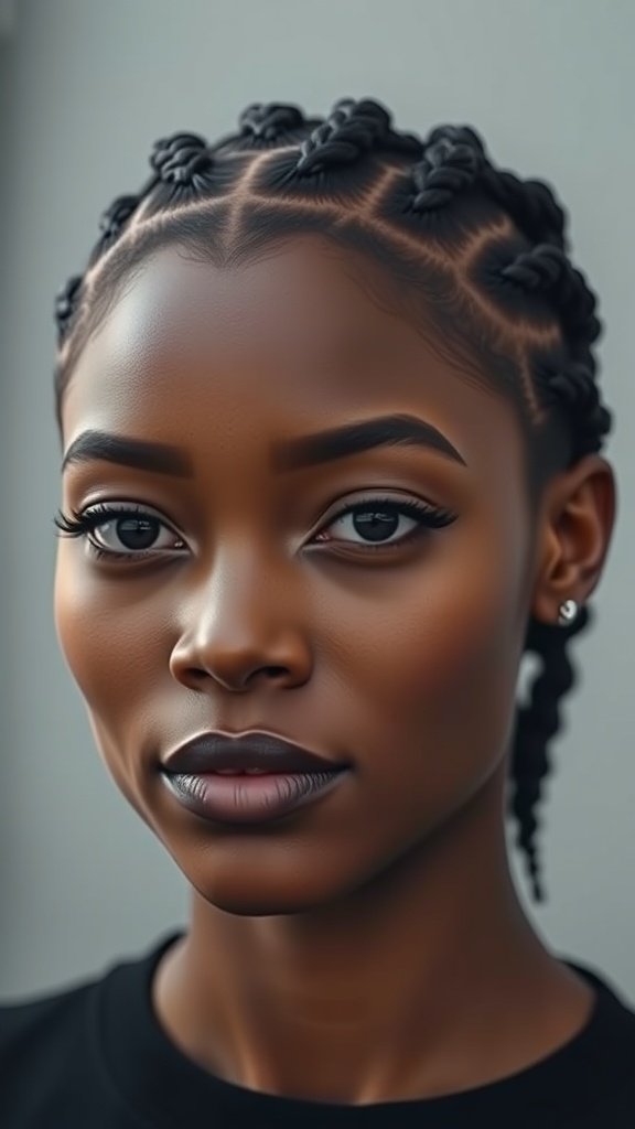 A close-up of a woman with short knotless braids, showcasing a stylish and protective hairstyle.