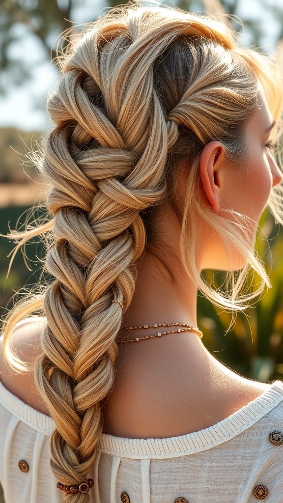 A close-up of a woman with blonde boho knotless braids, showcasing the intricate braid pattern and sunny outdoor setting.