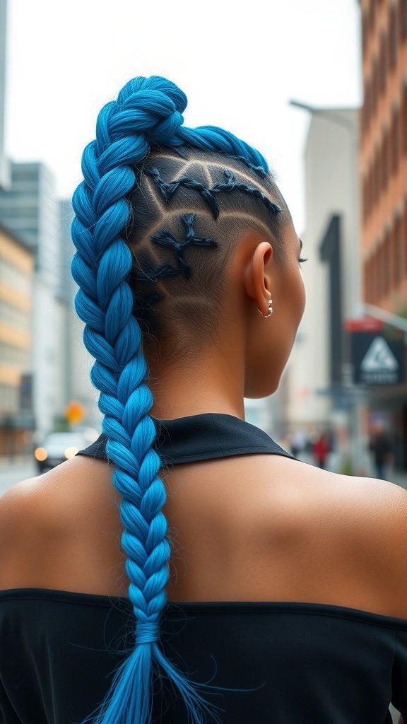 A woman with electric blue knotless braids styled in a long braid, showcasing intricate shaved designs on the scalp.