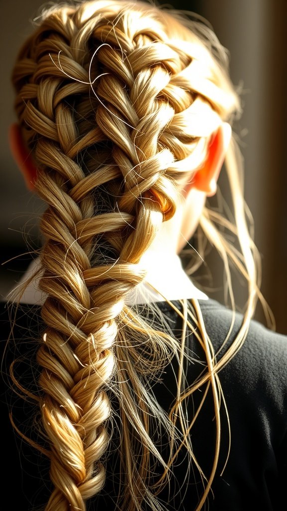 A close-up of honey blonde knotless braids styled elegantly.