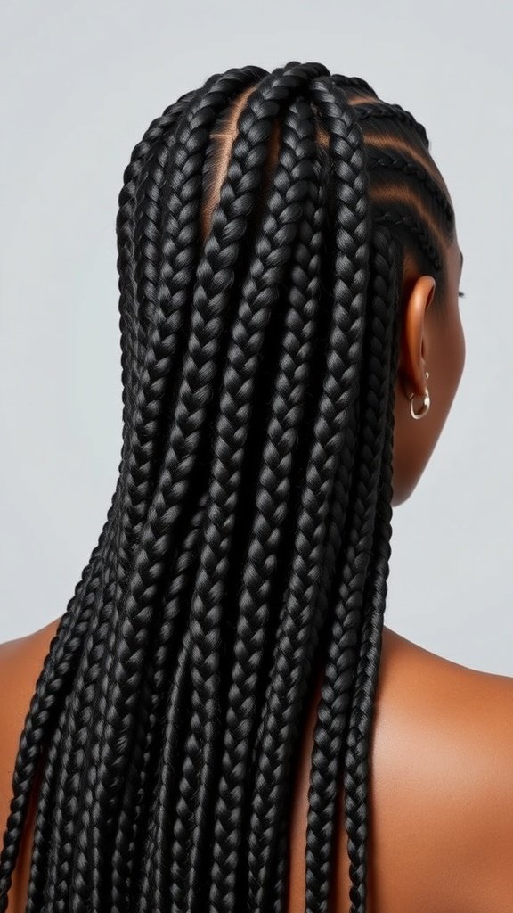 A woman with long knotless box braids styled elegantly.