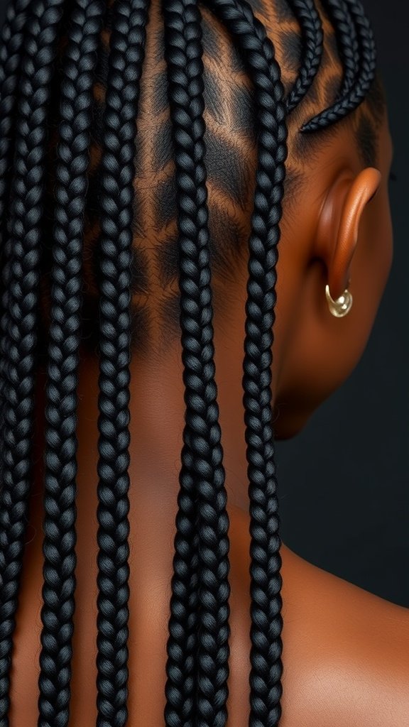 A close-up view of elegant long knotless box braids, showcasing their neat and sleek appearance.