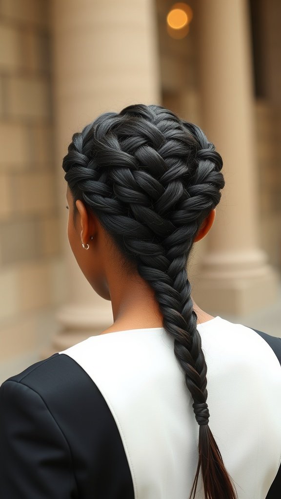 A woman with a low braid hairstyle showcasing knotless box braids.