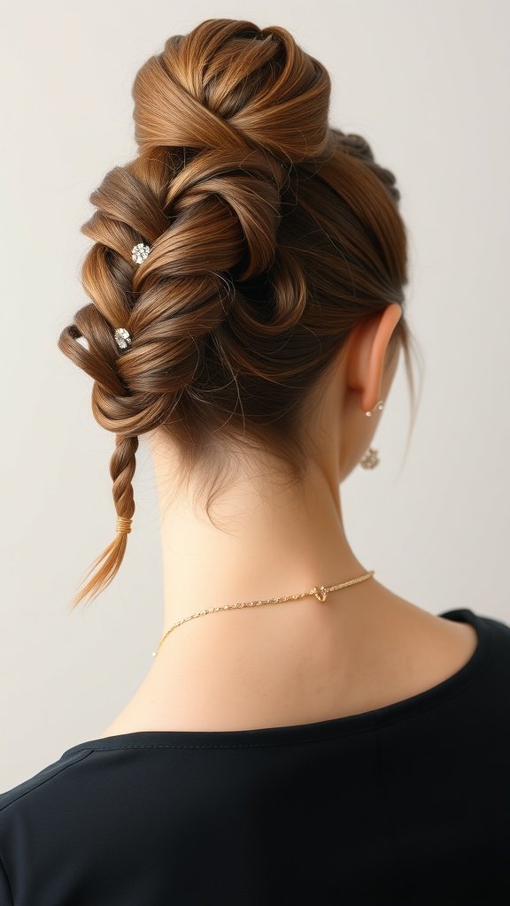 Elegant updo hairstyle featuring knotless braids with decorative hair accessories.
