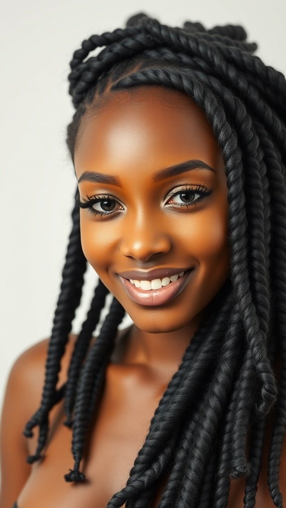 A woman with short knotless braids featuring curly ends, smiling confidently.