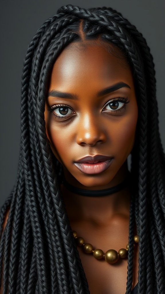 A close-up portrait of a woman with large boho knotless braids, showcasing her natural beauty and style.